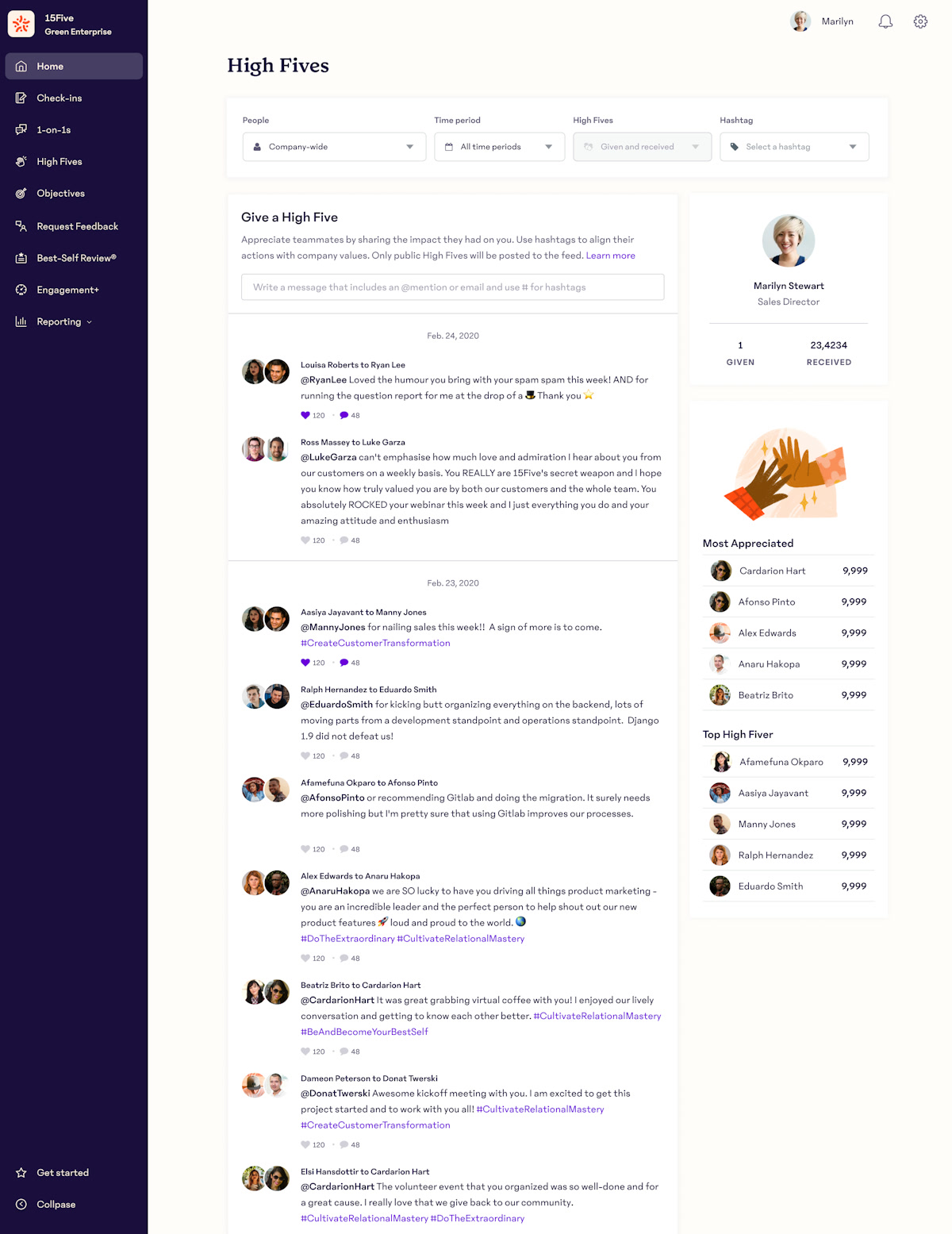 15Five High Fives recognition feed showing peer shout-outs tagged with company values hashtags