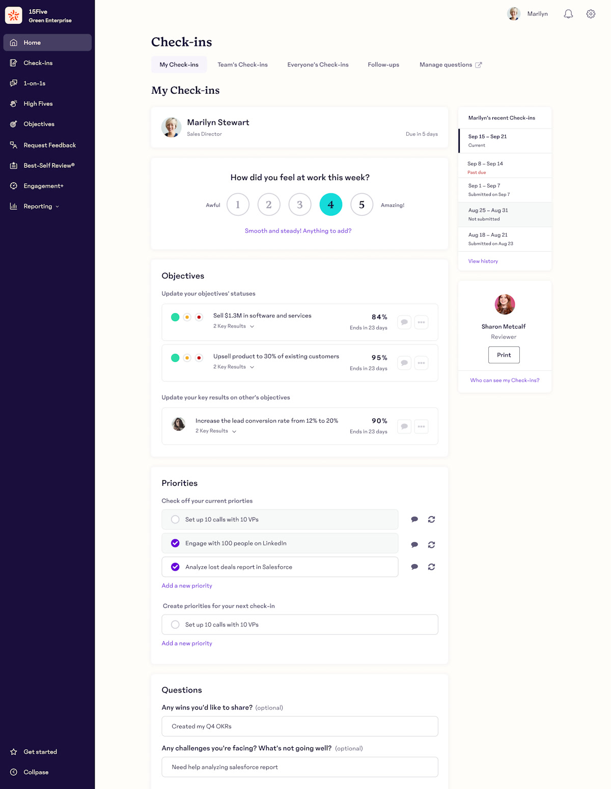 15Five weekly check-in screen with objectives progress, priorities, and reflection questions