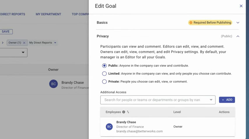 Betterworks edit goal panel with privacy settings and additional access controls
