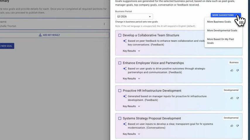 Betterworks create goals screen with AI-generated goal suggestions based on business period