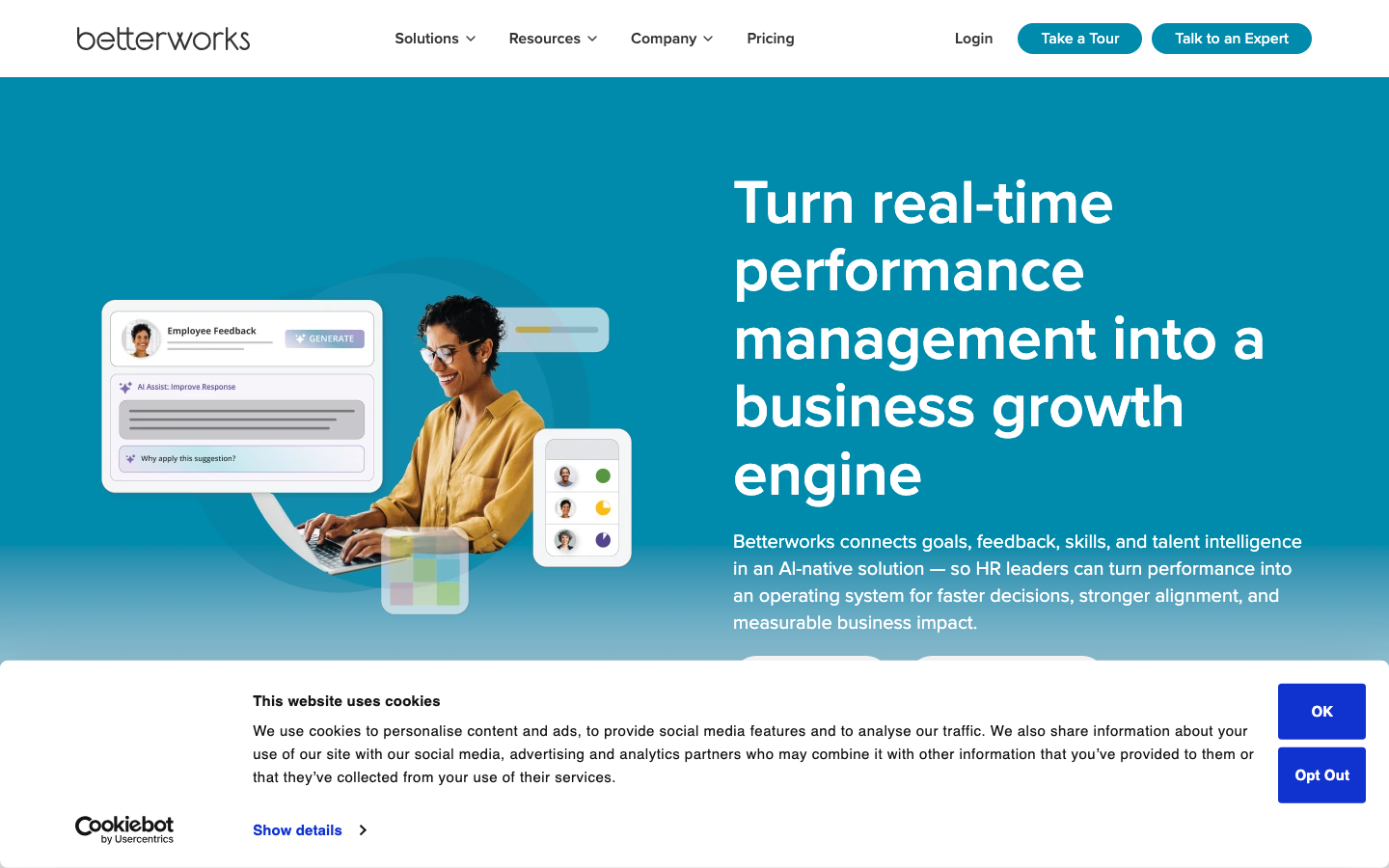 Betterworks homepage showing continuous performance management platform with OKR alignment and employee feedback