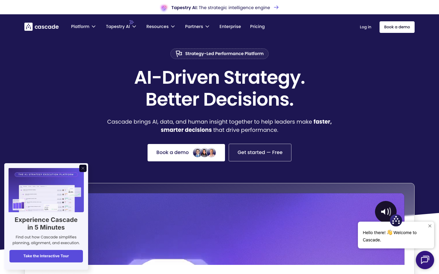 Cascade Strategy homepage showing strategy execution platform with OKR tracking, roadmaps, and performance dashboards