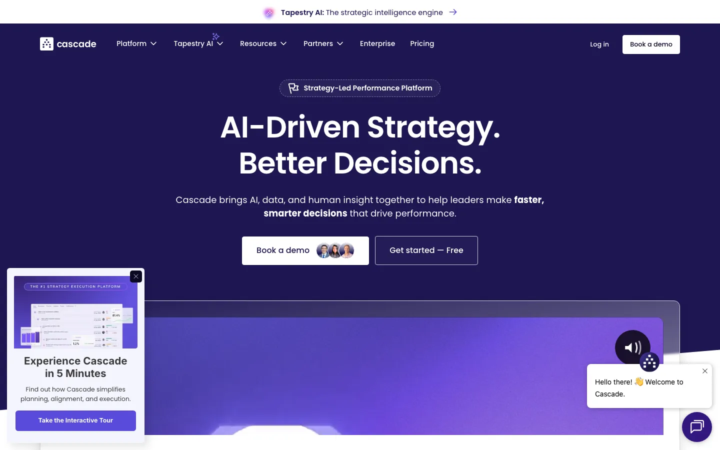 Cascade Strategy homepage showing strategy execution platform with OKR tracking, roadmaps, and performance dashboards