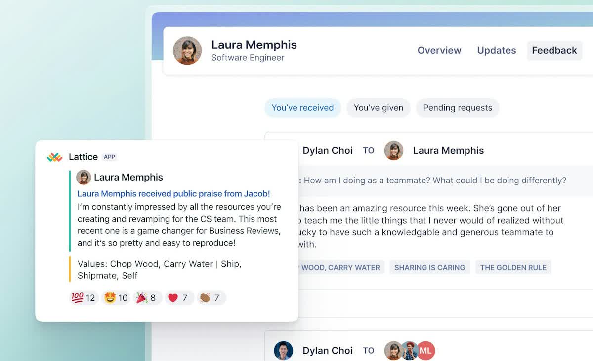 Lattice Goals explore view listing company goals filtered by department with a key result update panel