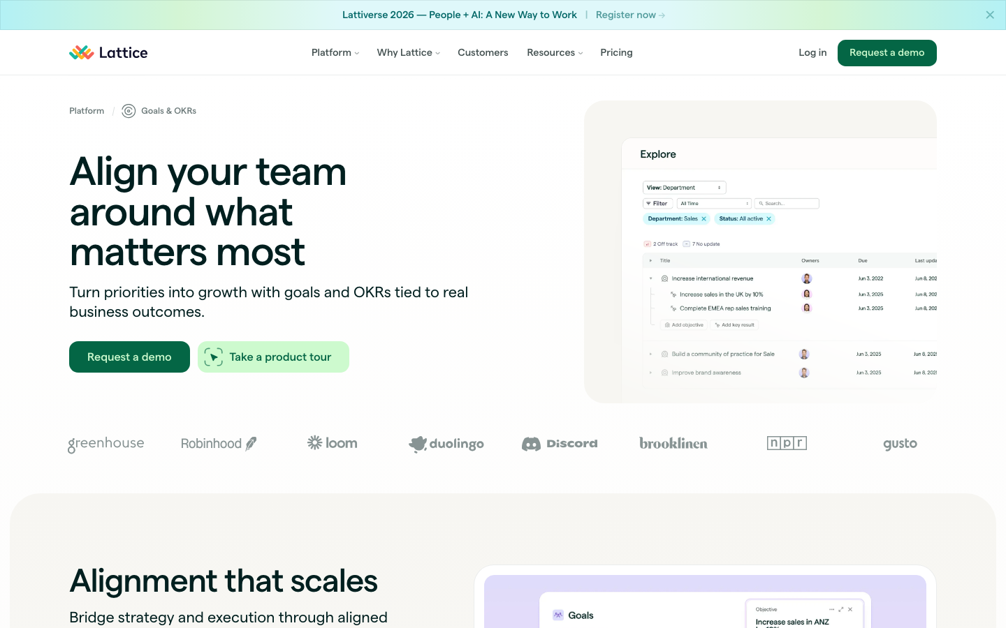 Lattice Goals page showing OKR alignment interface with cascading objectives and progress tracking