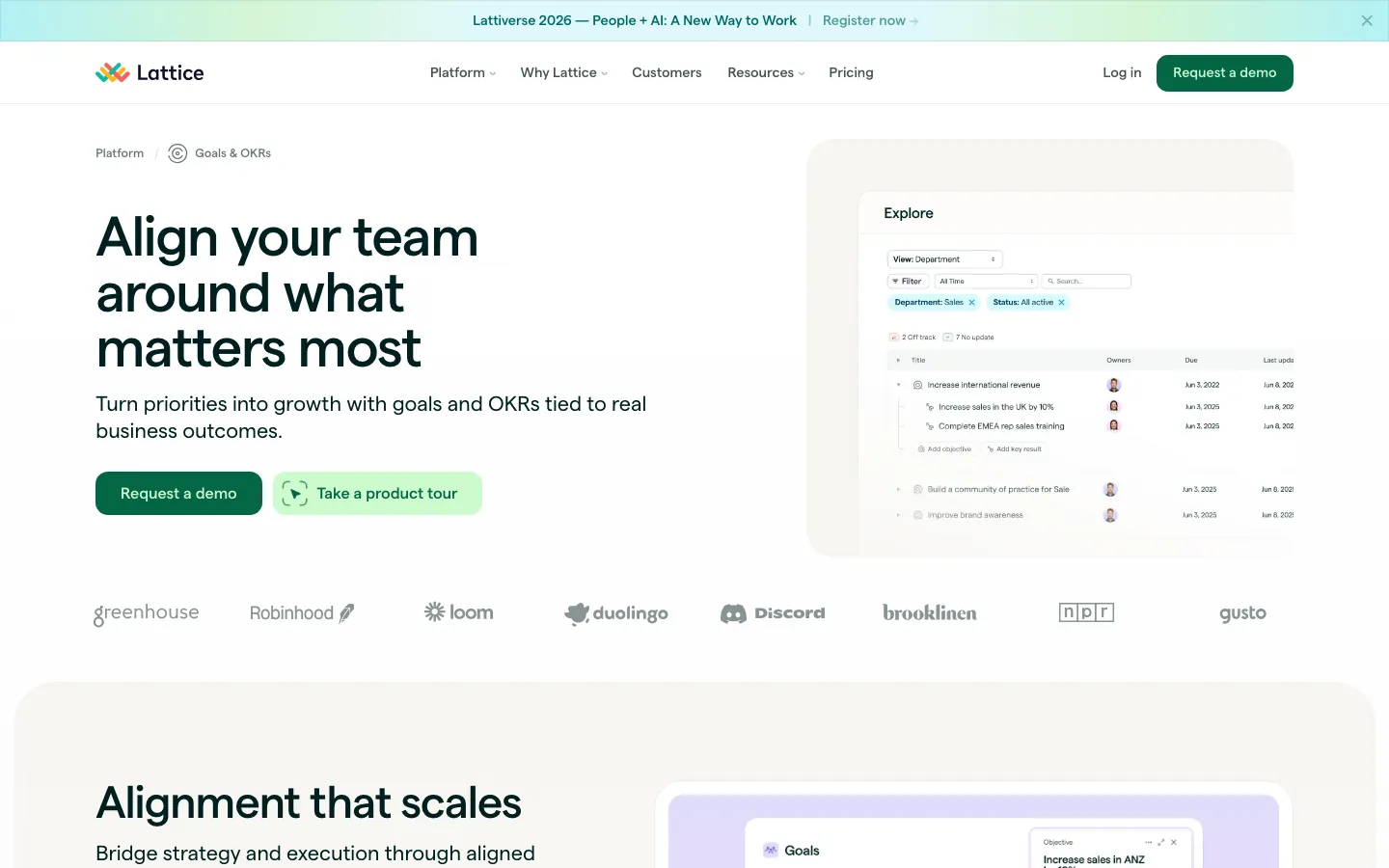 Lattice Goals page showing OKR alignment interface with cascading objectives and progress tracking
