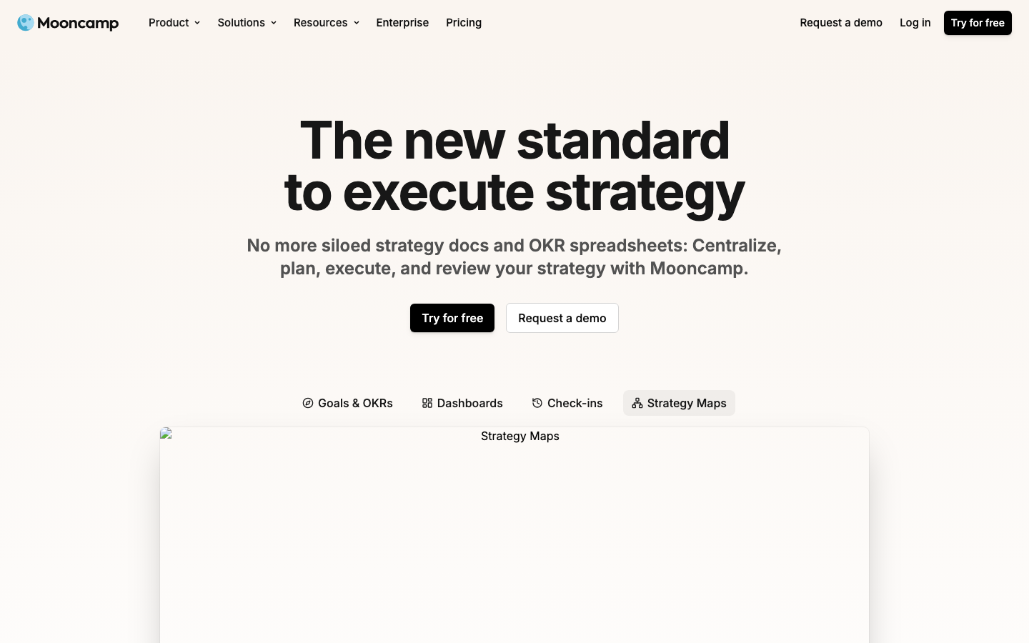 Mooncamp homepage showing strategy execution platform with OKR goals and check-in interface