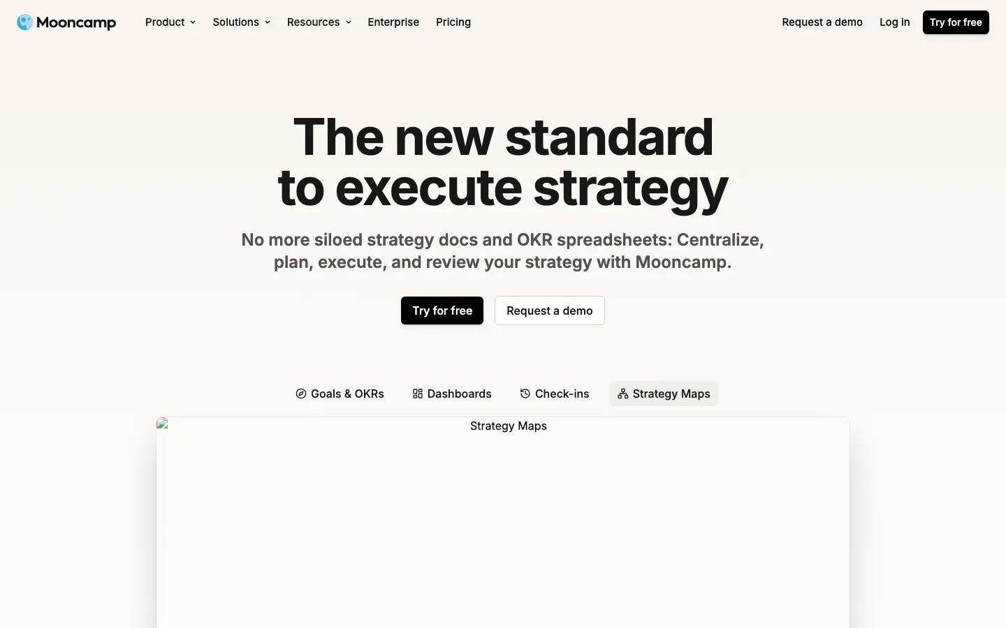Mooncamp homepage showing strategy execution platform with OKR goals and check-in interface
