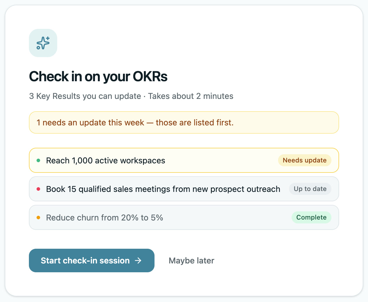 OKRs Tool check-in session prompt listing key results that need a weekly update