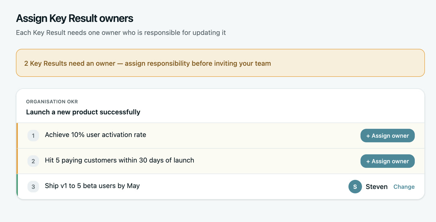 OKRs Tool assign key result owners screen flagging key results with no owner