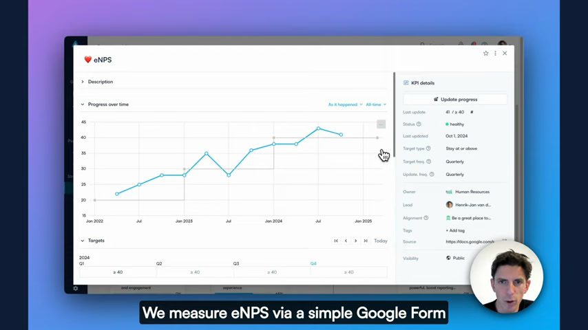 Perdoo eNPS tracking chart plotted over multiple quarters next to a key result detail panel