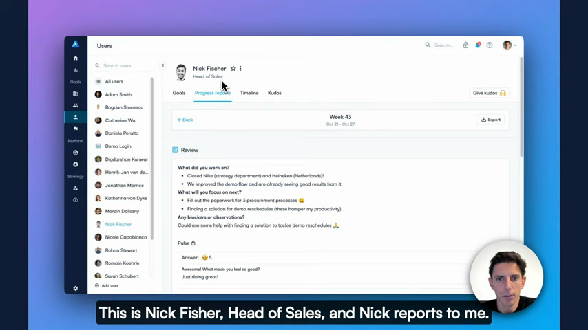 Perdoo users list showing goals, check-ins, and reporting lines for each team member
