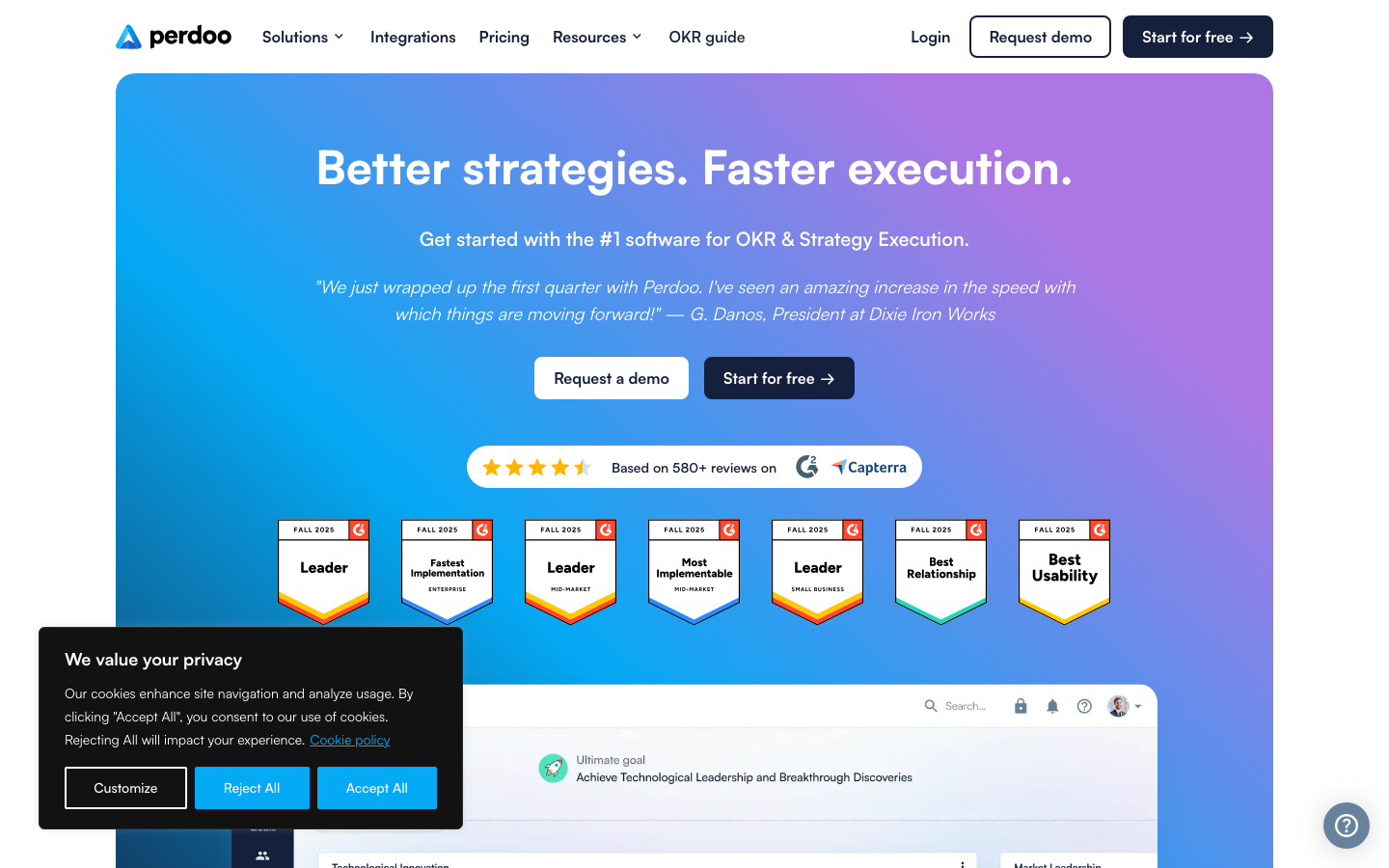 Perdoo homepage showing OKR strategy execution platform with alignment tree and G2 Leader badges