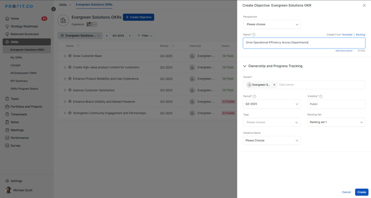 Profit.co create objective panel with perspective, name, owner, and visibility fields