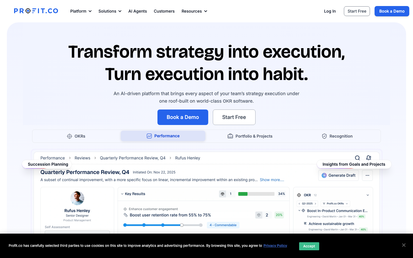 Profit.co homepage showing OKR dashboard with quarterly performance review and goal alignment tree