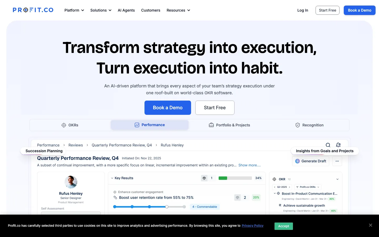 Profit.co homepage showing OKR dashboard with quarterly performance review and goal alignment tree