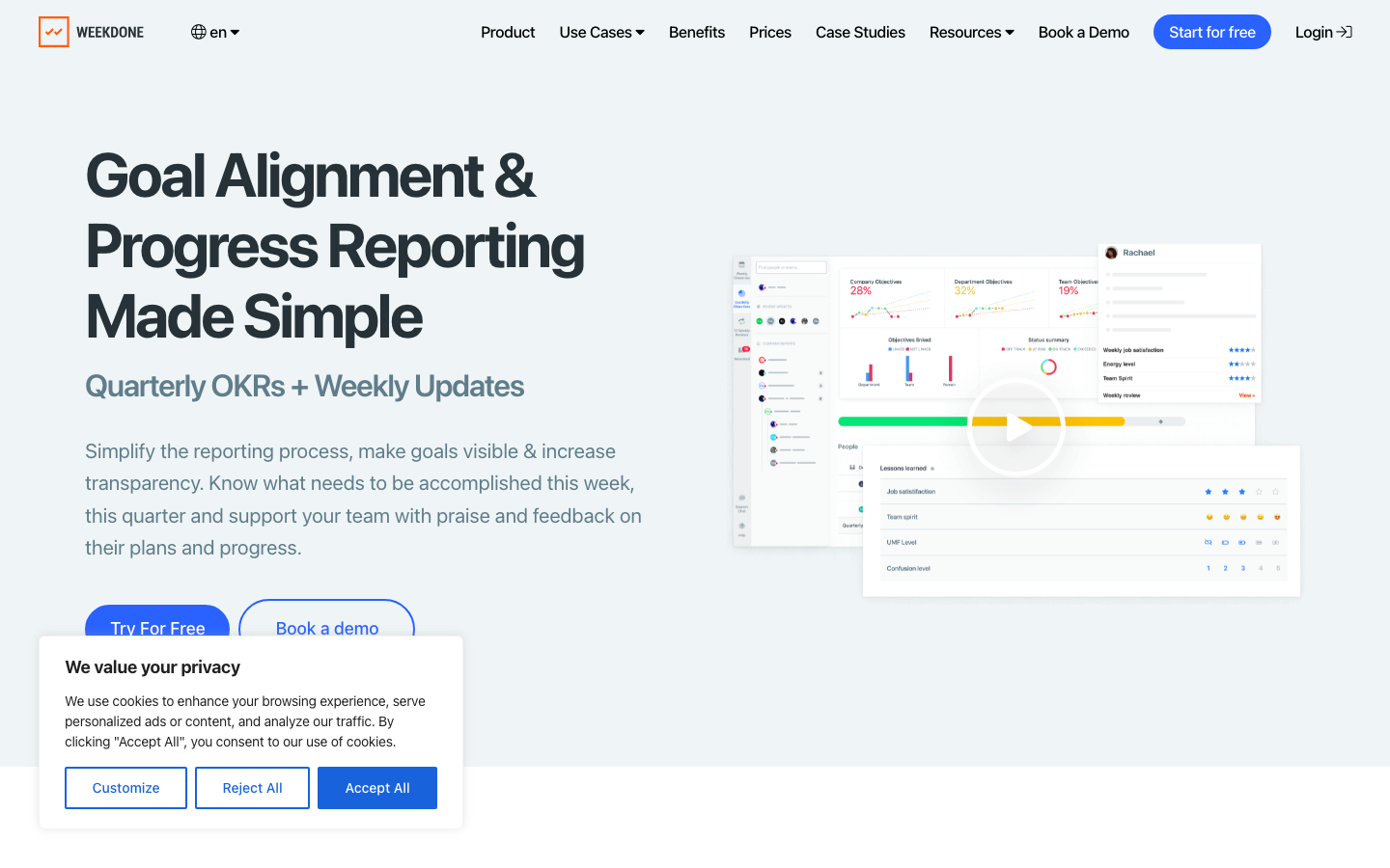 Weekdone homepage showing OKR weekly check-in platform with progress tracking and team reports
