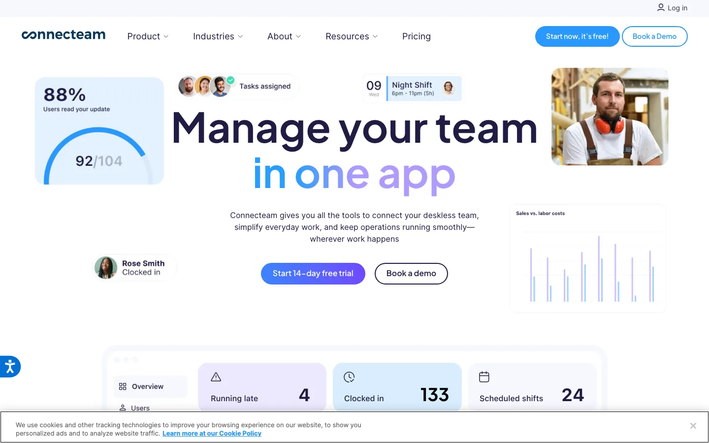 Connecteam mobile-first team management platform homepage showing HR onboarding and scheduling features