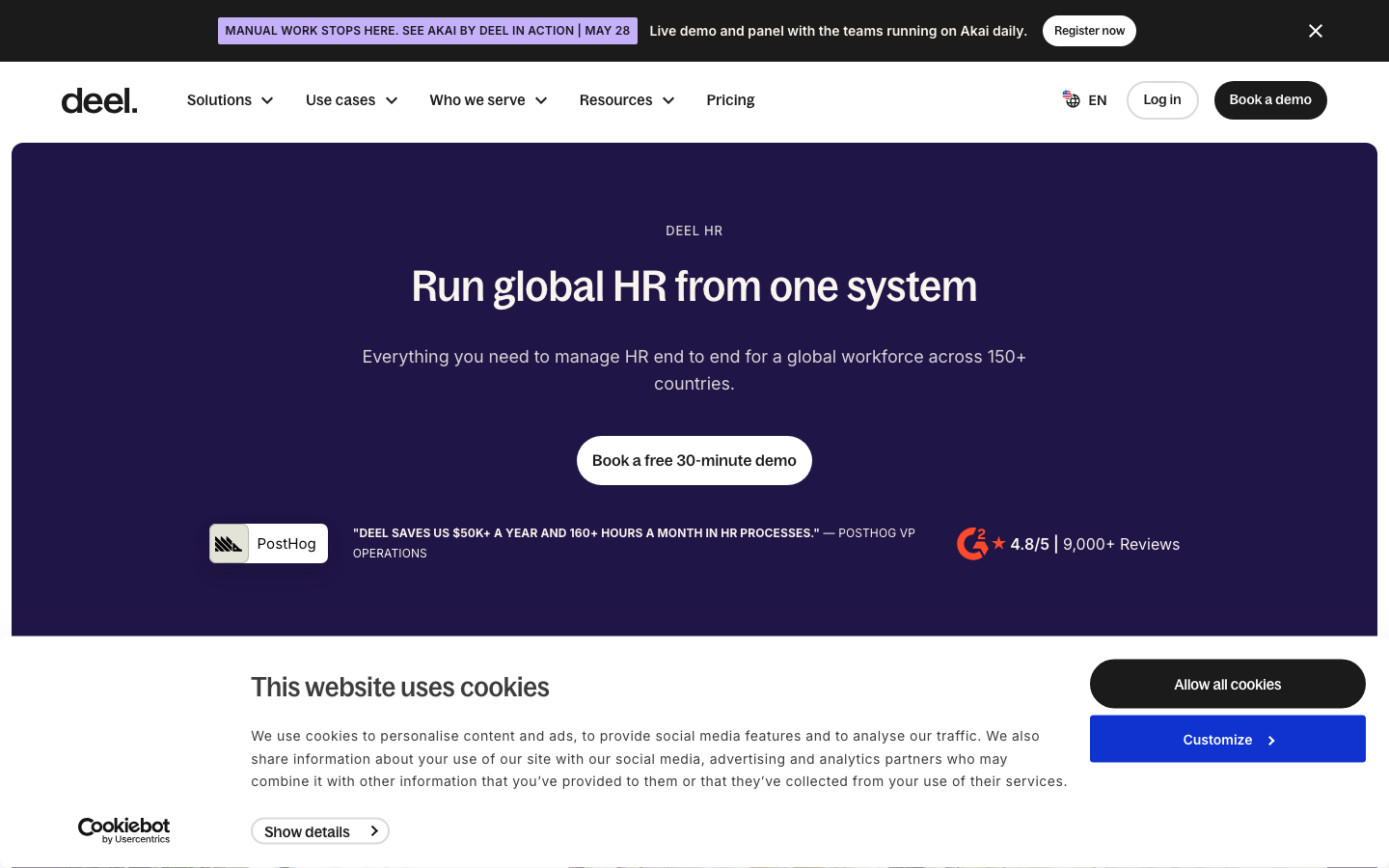 Deel HR platform showing global HR management across 150 countries with onboarding and compliance features