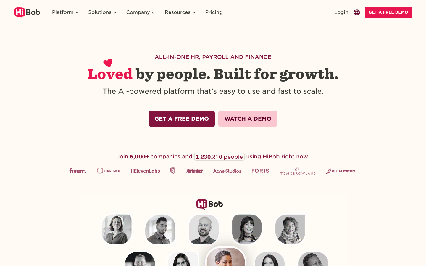 HiBob HRIS homepage showing modern HR platform with people management, onboarding, and engagement tools