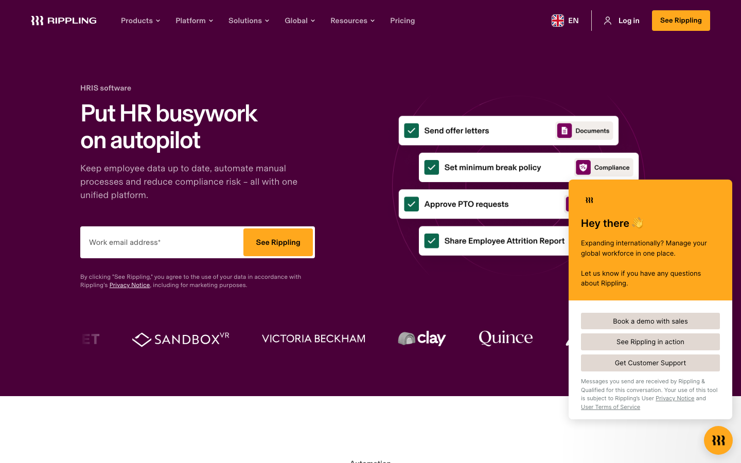 Rippling HRIS homepage showing automated HR workflows with send offer letters and compliance tasks