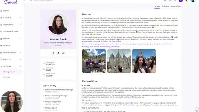Trainual employee profile About tab showing a bio, interest hashtags, and team photos