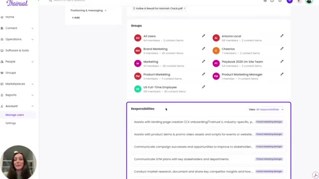 Trainual employee profile showing group memberships and a responsibilities list tied to a role