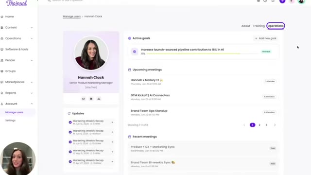 Trainual Operations tab showing an active goal progress bar and a list of upcoming meetings