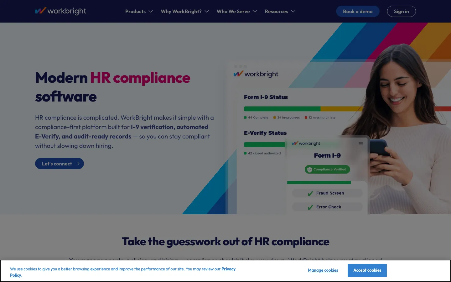 WorkBright onboarding platform homepage showing compliance-first I-9 and digital document workflows