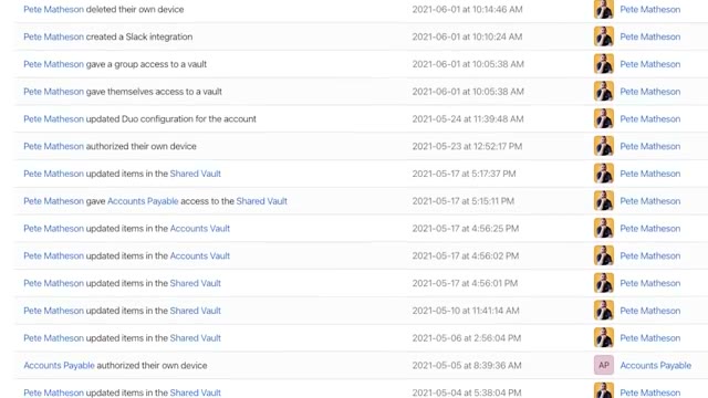 1Password Business admin console showing team member list and group permissions