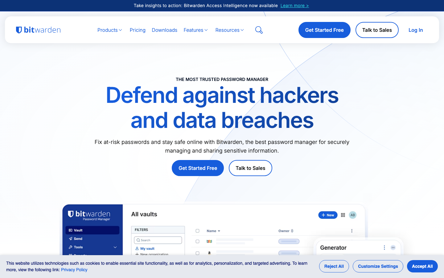 Bitwarden homepage showing vault interface with password generator and all vaults panel
