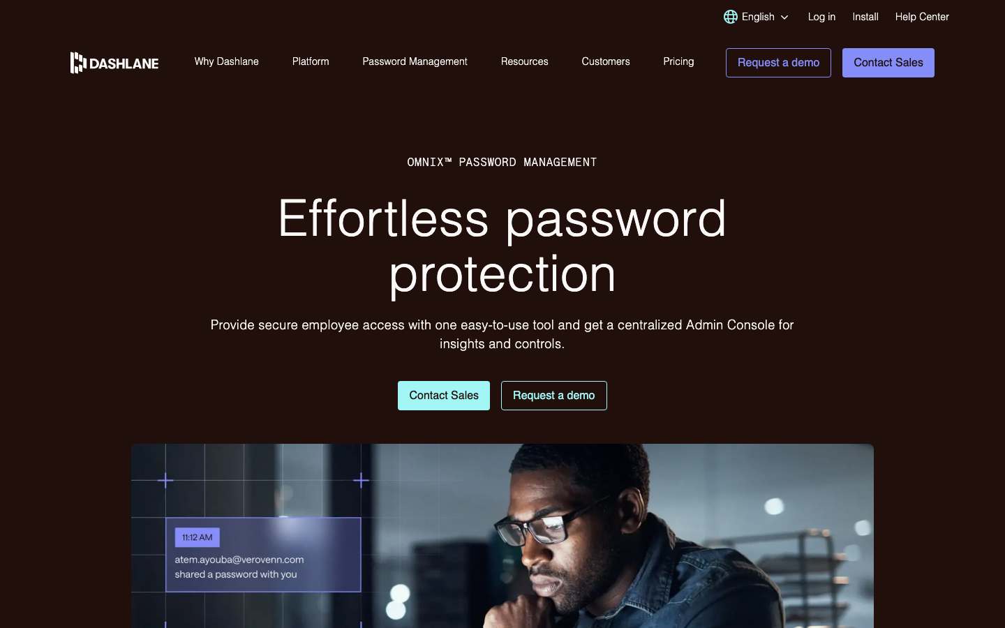 Dashlane business homepage with headline Effortless password protection and centralized admin console