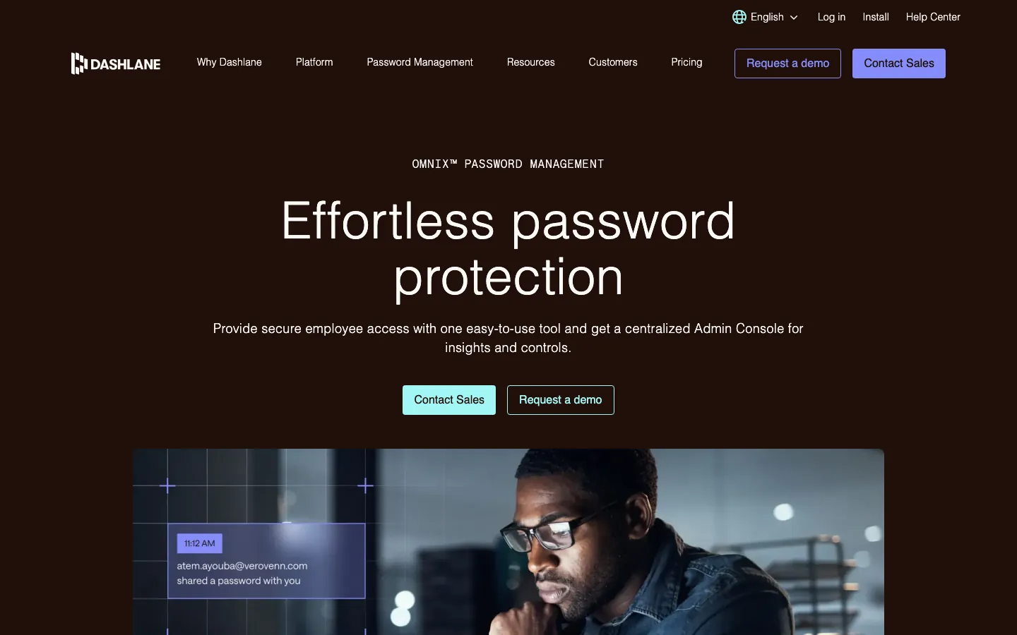 Dashlane business homepage with headline Effortless password protection and centralized admin console