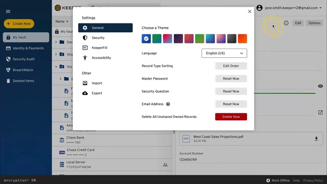 Keeper vault interface showing folder structure and shared record list