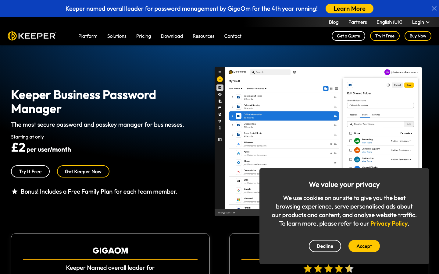 Keeper Business Password Manager homepage with pricing starting at 2 pounds per user per month and GigaOm leader badge