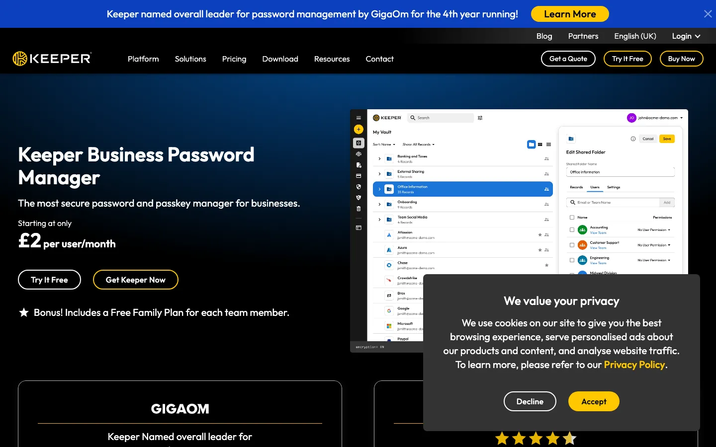 Keeper Business Password Manager homepage with pricing starting at 2 pounds per user per month and GigaOm leader badge