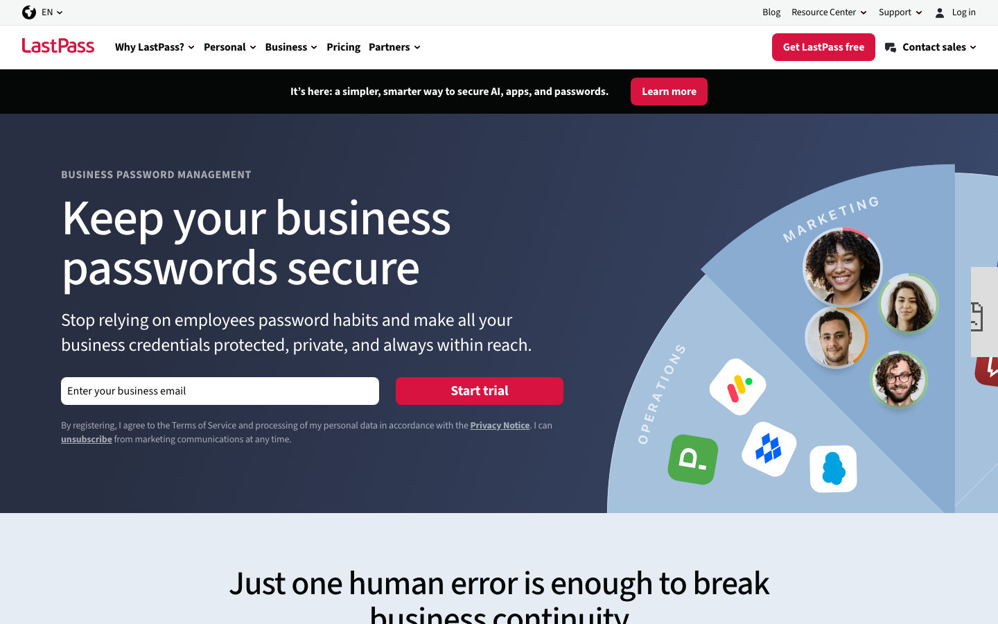 LastPass business homepage with headline Keep your business passwords secure against dark background