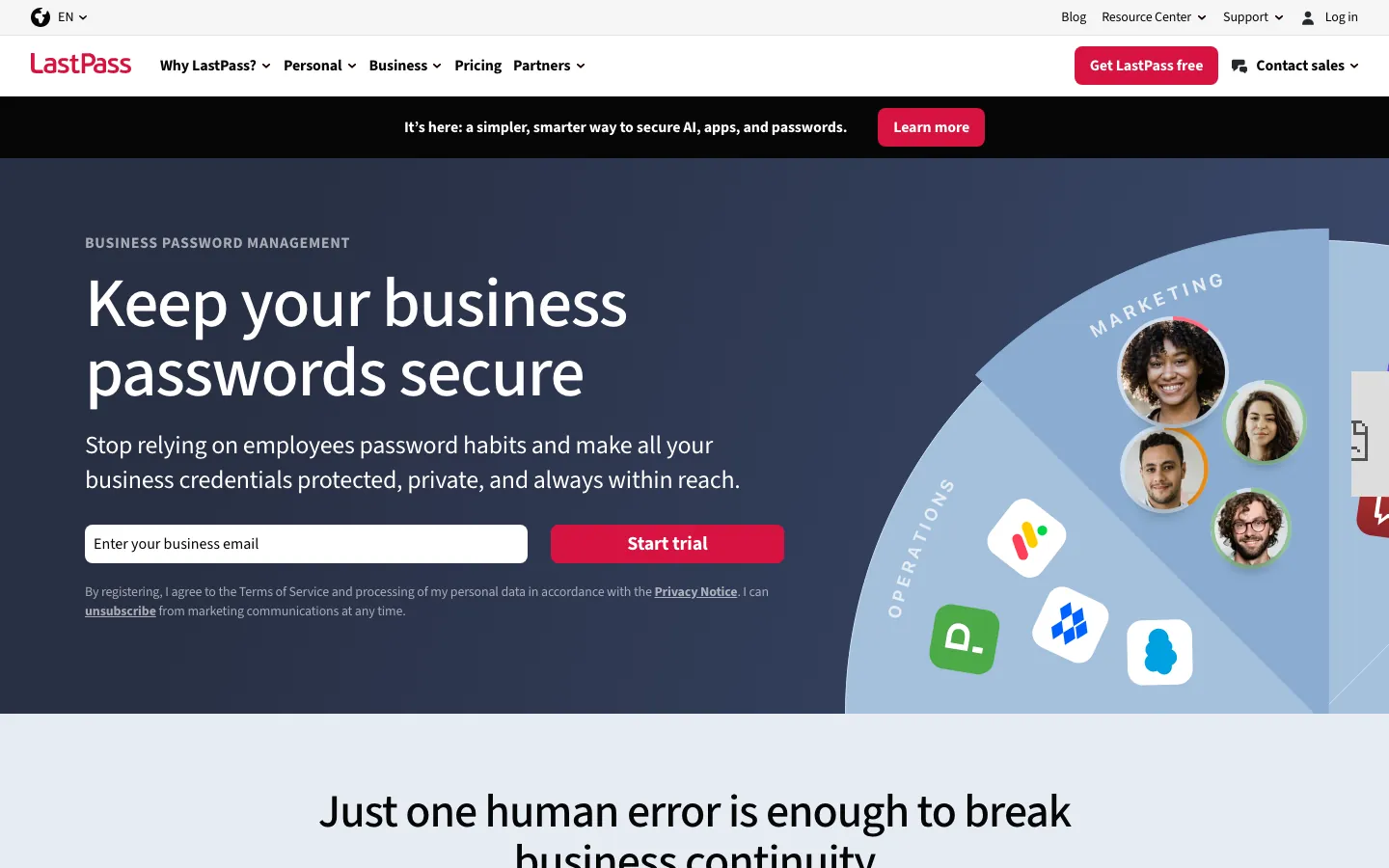 LastPass business homepage with headline Keep your business passwords secure against dark background