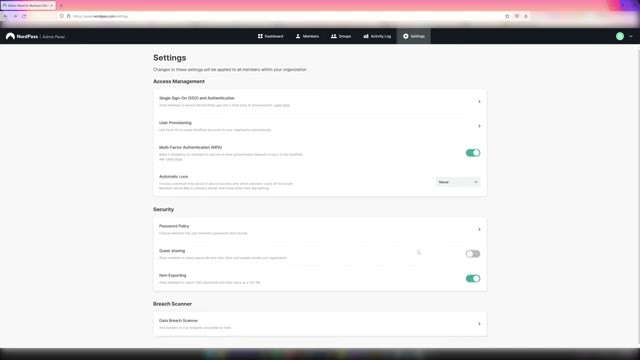 NordPass admin console showing password health metrics across the organization