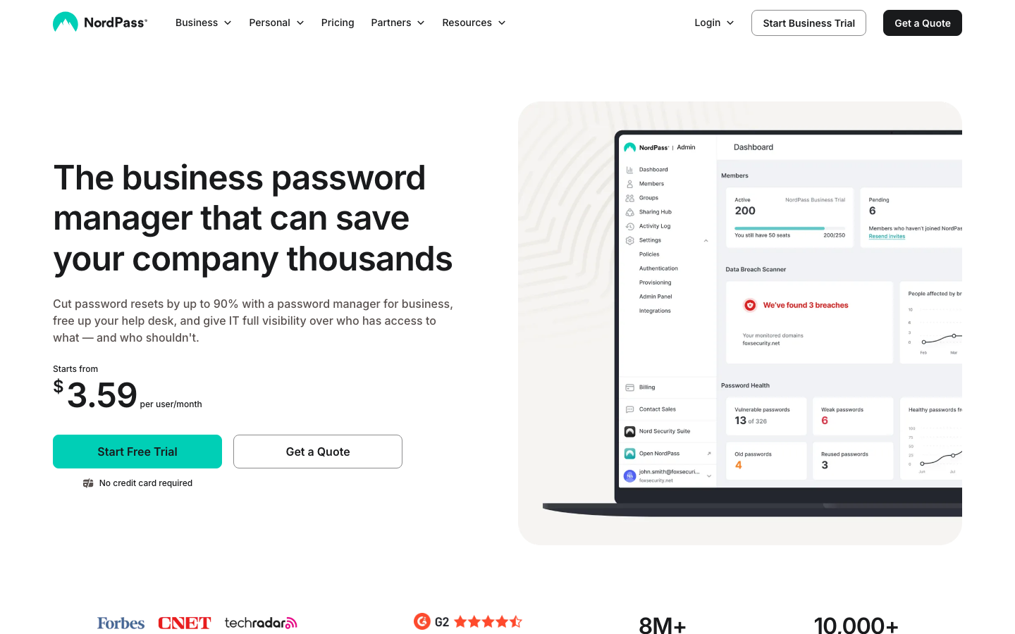 NordPass business homepage showing admin dashboard with 200 members, data breach scanner, and password health metrics