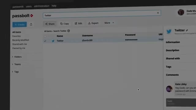 Passbolt web interface showing a shared folder of team passwords