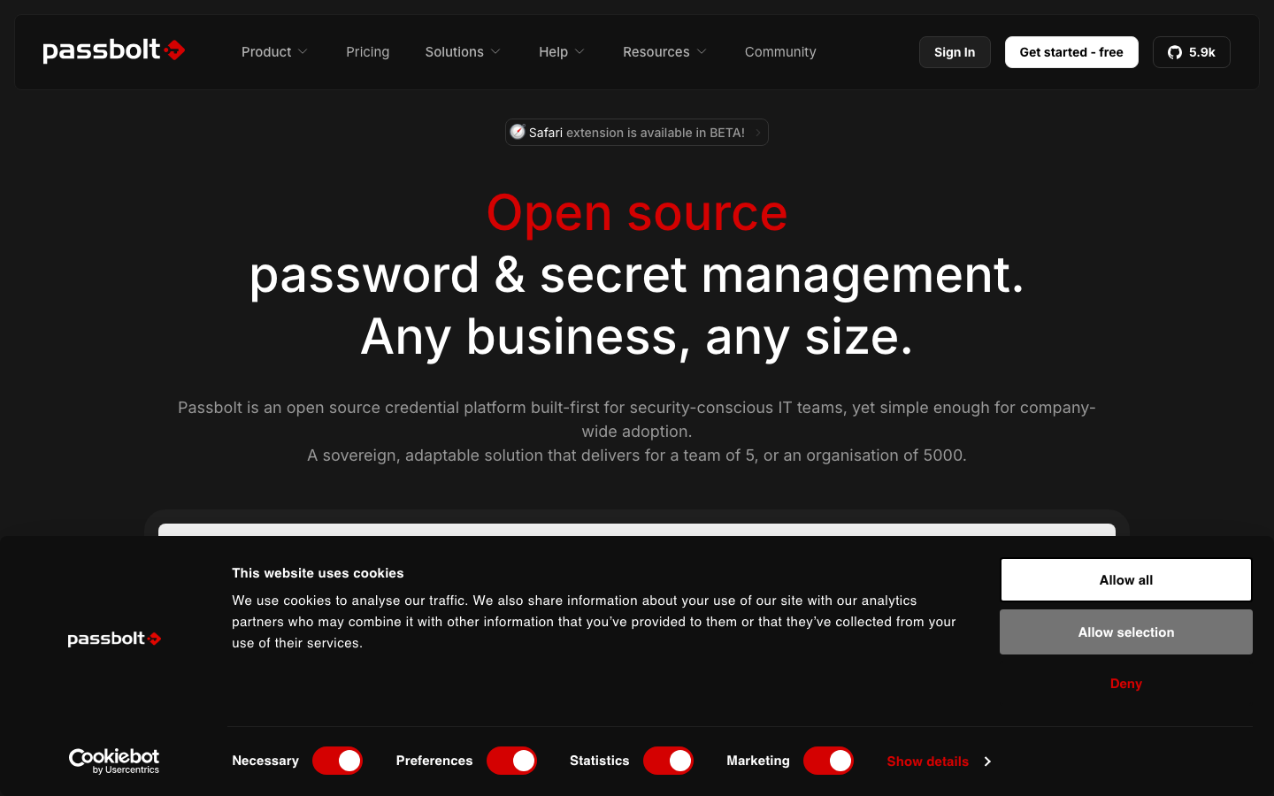 Passbolt open source password manager homepage showing self-host and cloud-managed options with pricing tiers