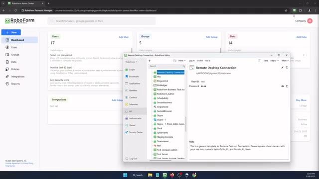 RoboForm Business security policy screen with SSO and SCIM provisioning toggles
