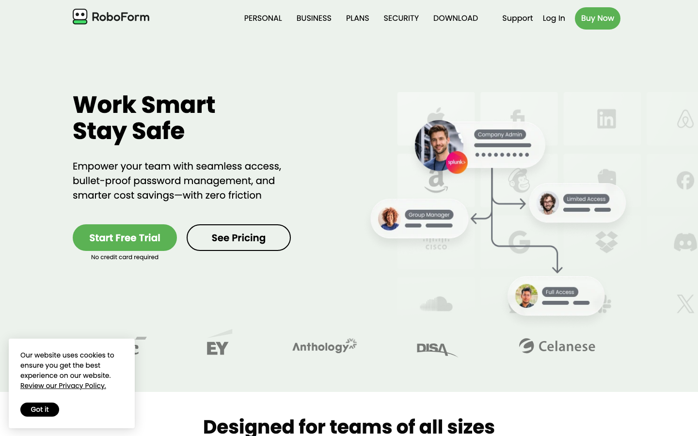 RoboForm Business homepage with Work Smart Stay Safe headline and team credential sharing diagram