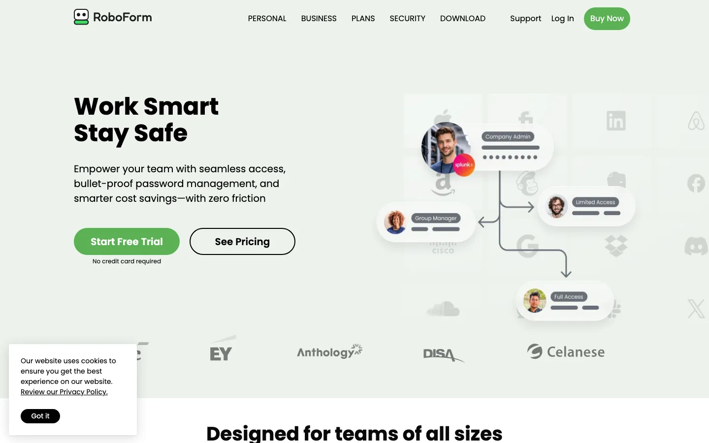 RoboForm Business homepage with Work Smart Stay Safe headline and team credential sharing diagram