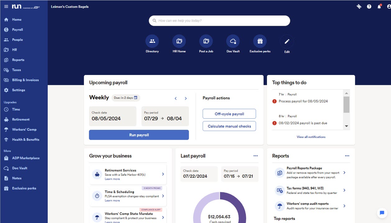 ADP Run home dashboard showing upcoming payroll, last payroll cash required, and reports package