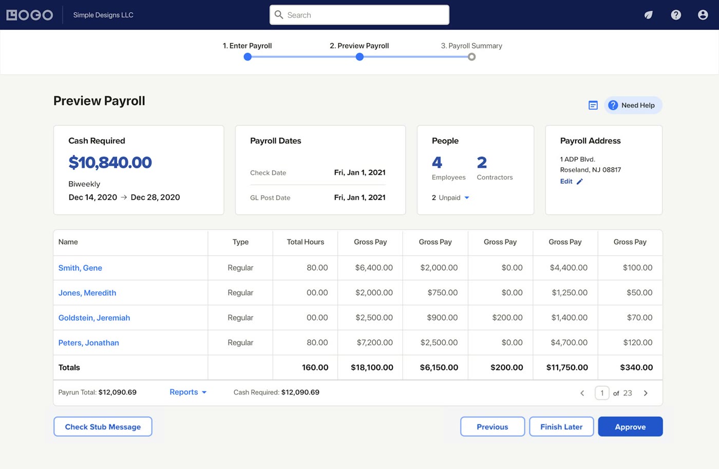 ADP Run Preview Payroll screen showing cash required, payroll dates, and a gross pay table by employee