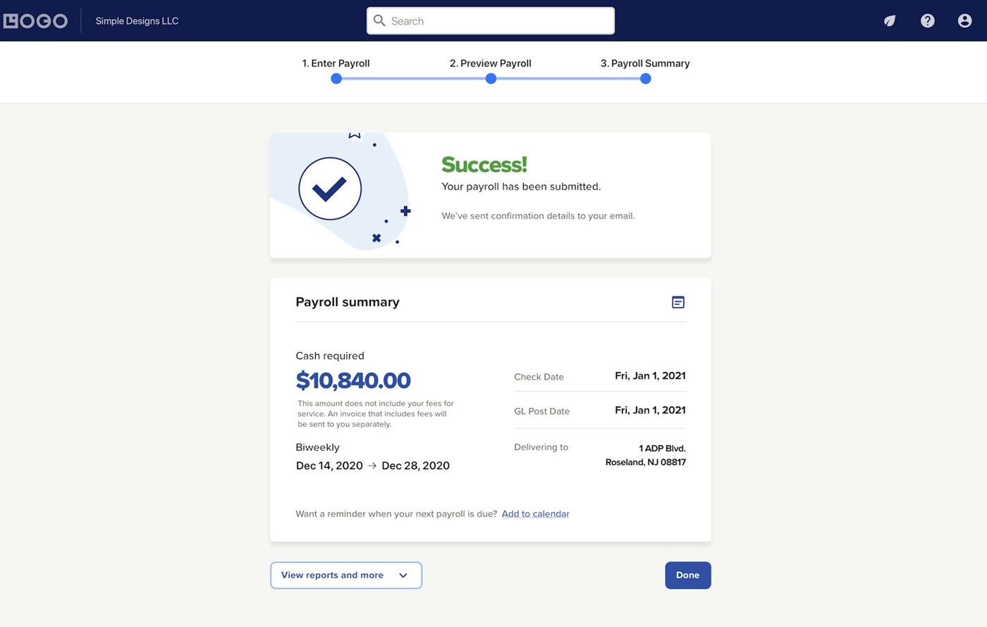ADP Run payroll summary confirmation screen showing a successfully submitted payroll and cash required