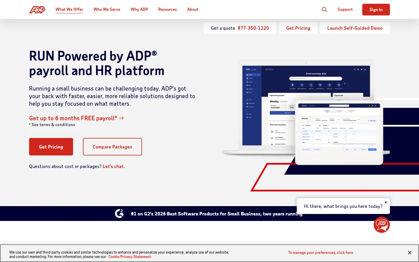 ADP Run payroll platform showing the dashboard with weekly payroll summary and HR tools interface