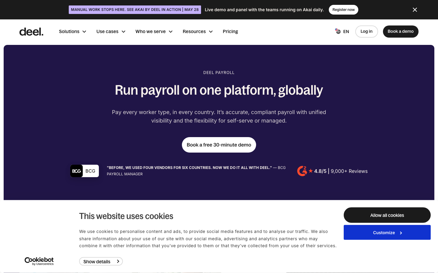 Deel payroll platform showing global payroll run interface with BCG customer quote and multi-country support